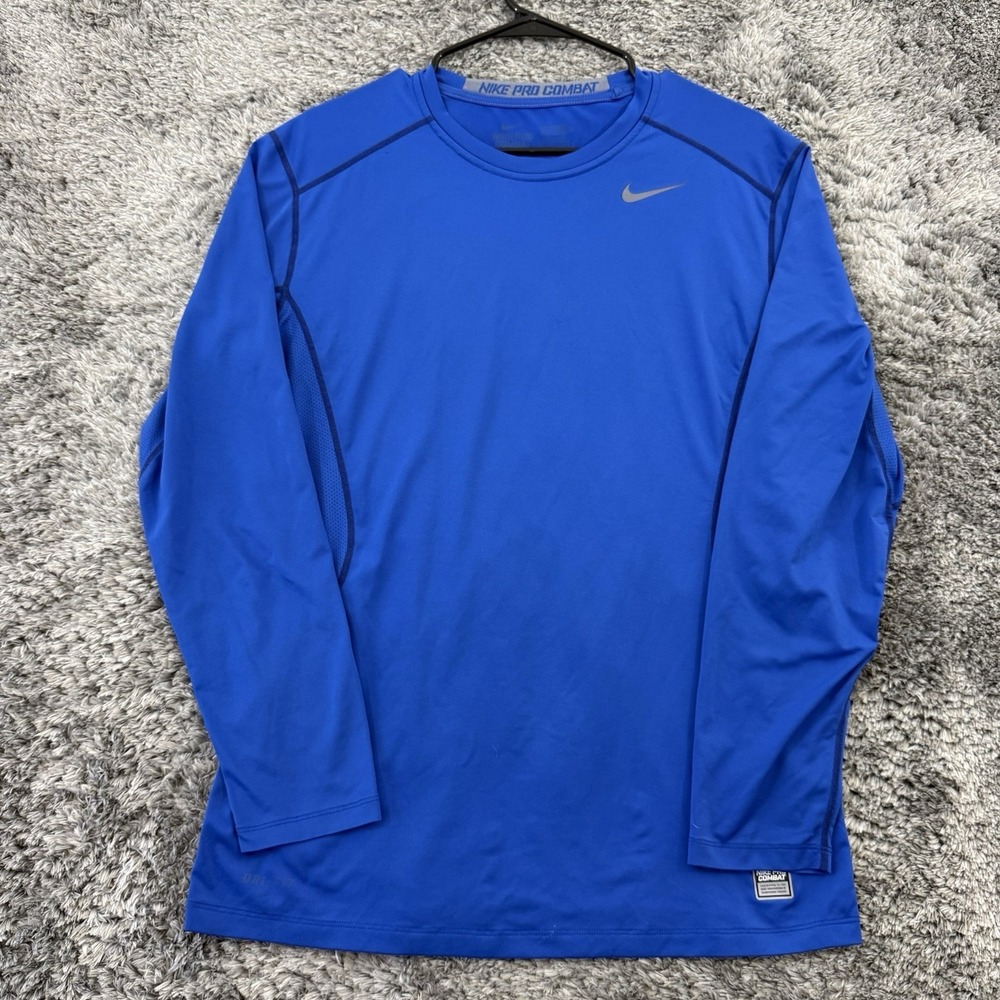 Nike‎ Shirt Mens M Blue Solid Compression Pro Combat Dri Fit Fitted Swoosh